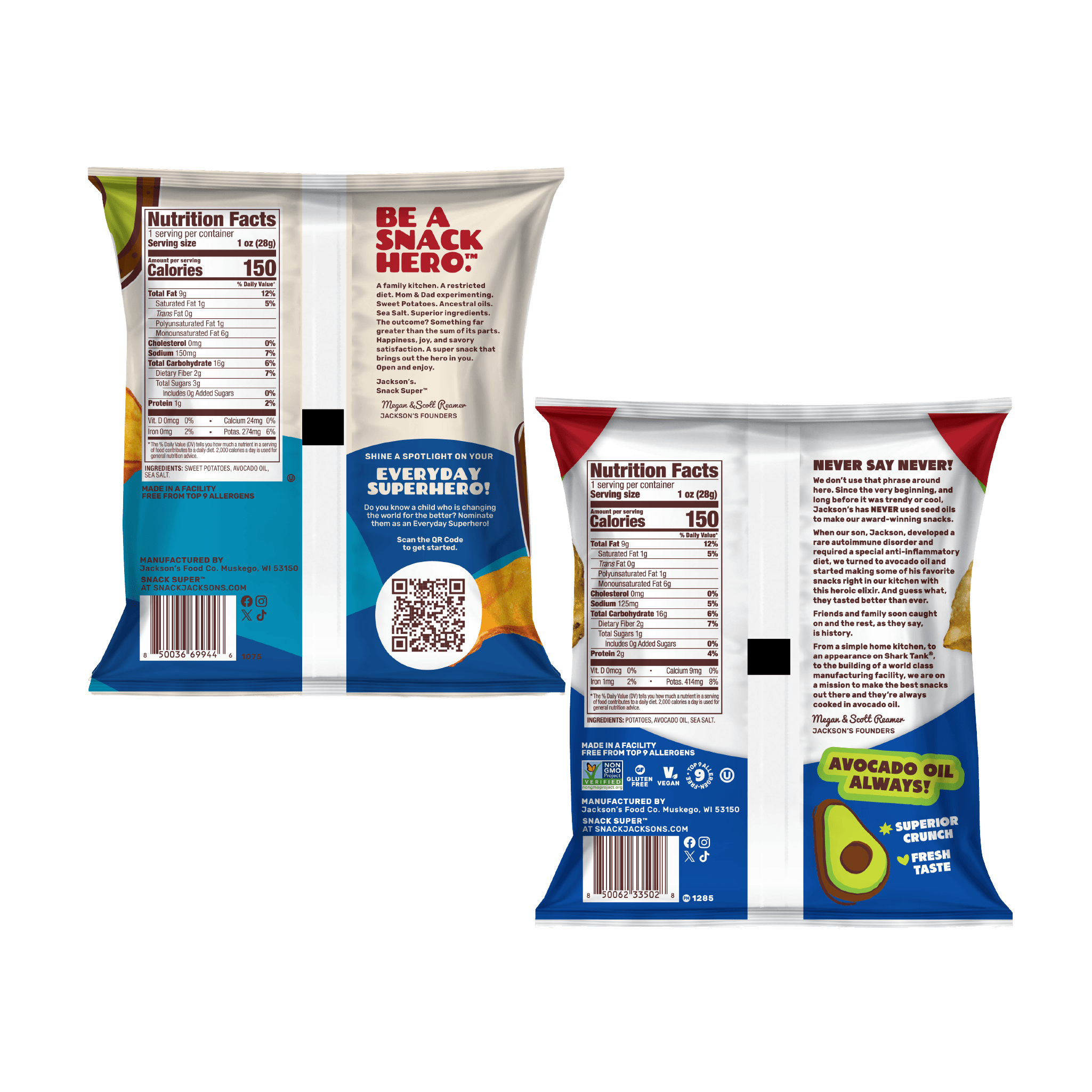 Jackson's 1oz bags of Sea Salt Chips Sweet Potato and Kettle Chip. Back of the bag nutrition label.