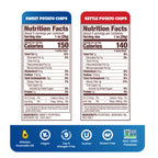 Jackson's nutrition label for the variety pack that contains the sweet potato chips and kettle potato chips, both in sea salt flavor, with icons of always avocado oil, vegan, top 9 allergen, kosher, gluten-free, non-GMO potatoes
