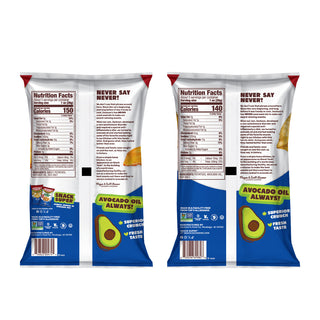 Two bags of potato chips shown side by side, displaying the back packaging with nutrition facts, ingredients, and avocado oil marketing on a white background.