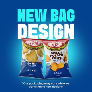 Two bags of Jackson's potato chips on a blue gradient background with large text reading 'NEW BAG DESIGN' and smaller text noting packaging may vary while transitioning to new designs.