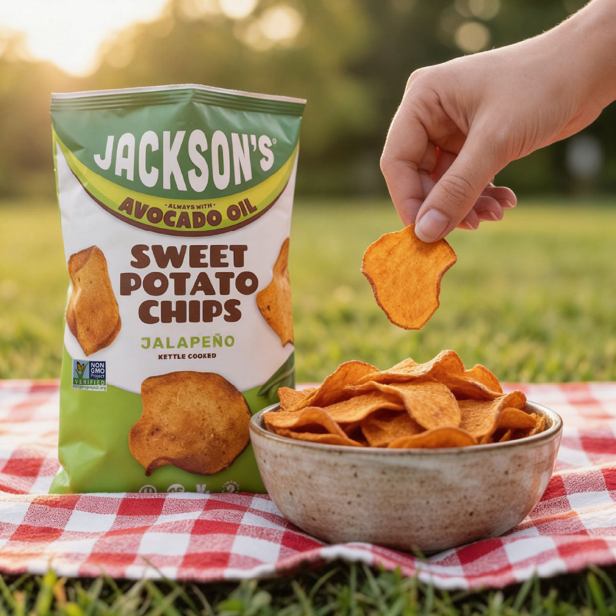 A bag of Jackson's Sweet Potato Chips Jalapeño is shown on a red-and-white checkered blanket in a grassy outdoor setting, with a hand holding a single chip above a bowl filled with chips.