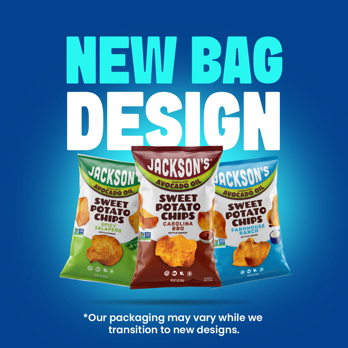 Promotional graphic for Jackson's Avocado Oil Sweet Potato Chips showing three new bag designs against a blue gradient background with the text 'NEW BAG DESIGN'.