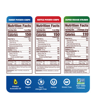 Jackson's Sea Salt Variety Pack Snacks, snack size bags, nutrition label, sweet potato chips, kettle chips and super veggie straws. All cooked in avocado oil. Glute free, dairy free, vegan, free of top 9 allergens. All Sea Salt flavors.