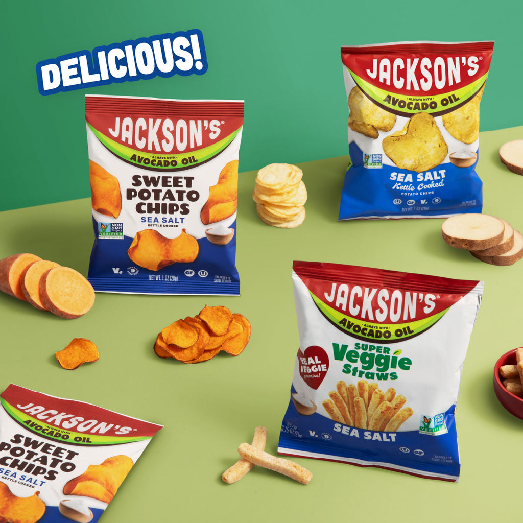 Jackson's Sea Salt Variety Pack Snack size Cooked in Avocado Oil, Made with real food ingredients, and seasoning.