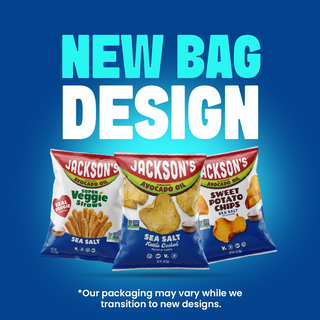 Bags of Jackson's Sea Salt Kettle Chips, Sweet Potato Chips, Super Veggie Straaws with the text overlay New Bag Design
