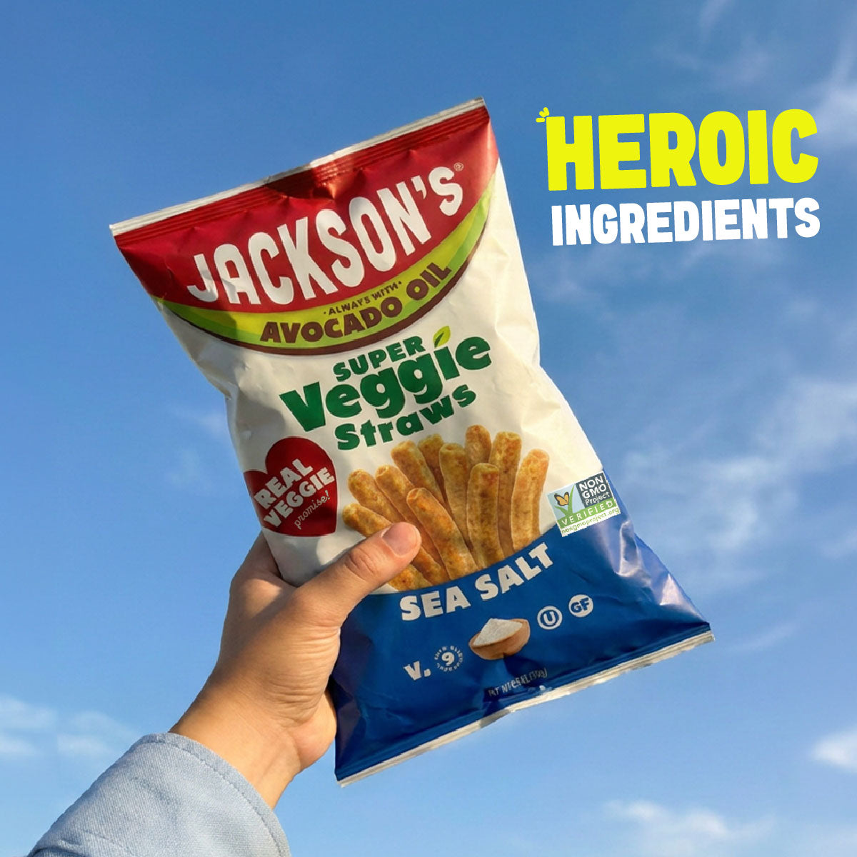 Jackson's Super Veggie Straws in hand with the text overlay heroic ingredients.