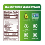 SEA SALT, Nutrition Facts, About 5 servings per container, Serving size 1 oz (28g), Amount per serving, Calories 150, Total Fat 7g 9%, Saturated Fat 1g 5%, Trans Fat 0g, Polyunsaturated Fat 1g, Monounsaturated Fat 5g, Cholesterol 0mg 0%, Sodium 110mg 5%, Total Carbohydrate 17g 6%, Dietary Fiber 2g 7%, Total Sugars 0g, Includes 0g Added Sugars 0%, Protein 2g 4%, Vit. D 0mcg 0%, Calcium 19mg 0%, Iron 1mg 4%, Potas. 99mg 2%, INGREDIENTS: JACKSON'S SUPER VEGGIE 
