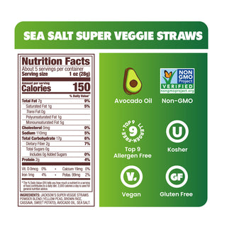 SEA SALT, Nutrition Facts, About 5 servings per container, Serving size 1 oz (28g), Amount per serving, Calories 150, Total Fat 7g 9%, Saturated Fat 1g 5%, Trans Fat 0g, Polyunsaturated Fat 1g, Monounsaturated Fat 5g, Cholesterol 0mg 0%, Sodium 110mg 5%, Total Carbohydrate 17g 6%, Dietary Fiber 2g 7%, Total Sugars 0g, Includes 0g Added Sugars 0%, Protein 2g 4%, Vit. D 0mcg 0%, Calcium 19mg 0%, Iron 1mg 4%, Potas. 99mg 2%, INGREDIENTS: JACKSON'S SUPER VEGGIE 