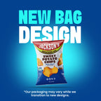 A bag of Jackson's Sweet Potato Chips Sea Salt is centered against a blue gradient background with large text reading 'NEW BAG DESIGN' and smaller disclaimer text at the bottom.