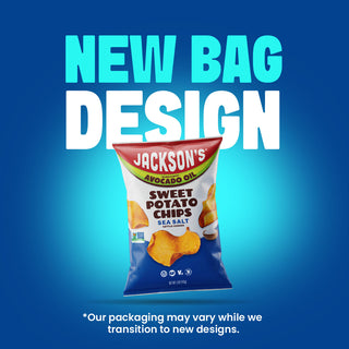 A bag of Jackson's Sweet Potato Chips Sea Salt is centered against a blue gradient background with large text reading 'NEW BAG DESIGN' and smaller disclaimer text at the bottom.