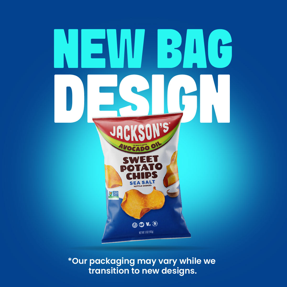 A bag of Jackson's Sweet Potato Chips Sea Salt is centered against a blue gradient background with large text reading 'NEW BAG DESIGN' and smaller disclaimer text at the bottom.