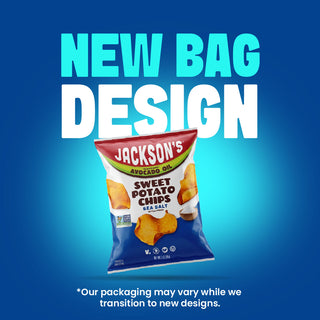A bag of Jackson's Sweet Potato Chips Sea Salt is shown against a blue gradient background with large text reading 'NEW BAG DESIGN' and smaller text noting packaging may vary during a transition to new designs.
