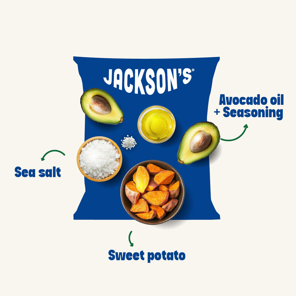 Jacksons sweet potato chip ingredients represented inside a bag of chips: sweet potatoes, avocado oil + seasoning + sea salt