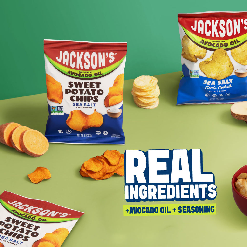 snack size bags of jackson's sea salt chips in sweet potato and kettle chip with sweet potato slice and piles of chip on the surface top and text that says real ingredients + avocado oil + seasoning