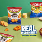 snack size bags of jackson's sea salt chips in sweet potato and kettle chip with sweet potato slice and piles of chip on the surface top and text that says real ingredients + avocado oil + seasoning