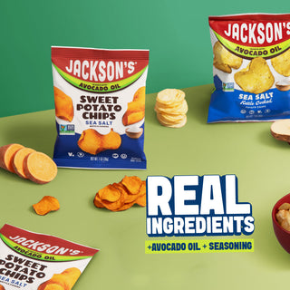 snack size bags of jackson's sea salt chips in sweet potato and kettle chip with sweet potato slice and piles of chip on the surface top and text that says real ingredients + avocado oil + seasoning