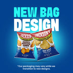 Two bags of Jackson's potato chips on a blue gradient background with large text reading 'NEW BAG DESIGN' and smaller text noting packaging may vary while transitioning to new designs.