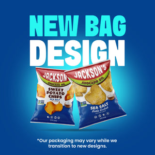 Two bags of Jackson's potato chips on a blue gradient background with large text reading 'NEW BAG DESIGN' and smaller text noting packaging may vary while transitioning to new designs.