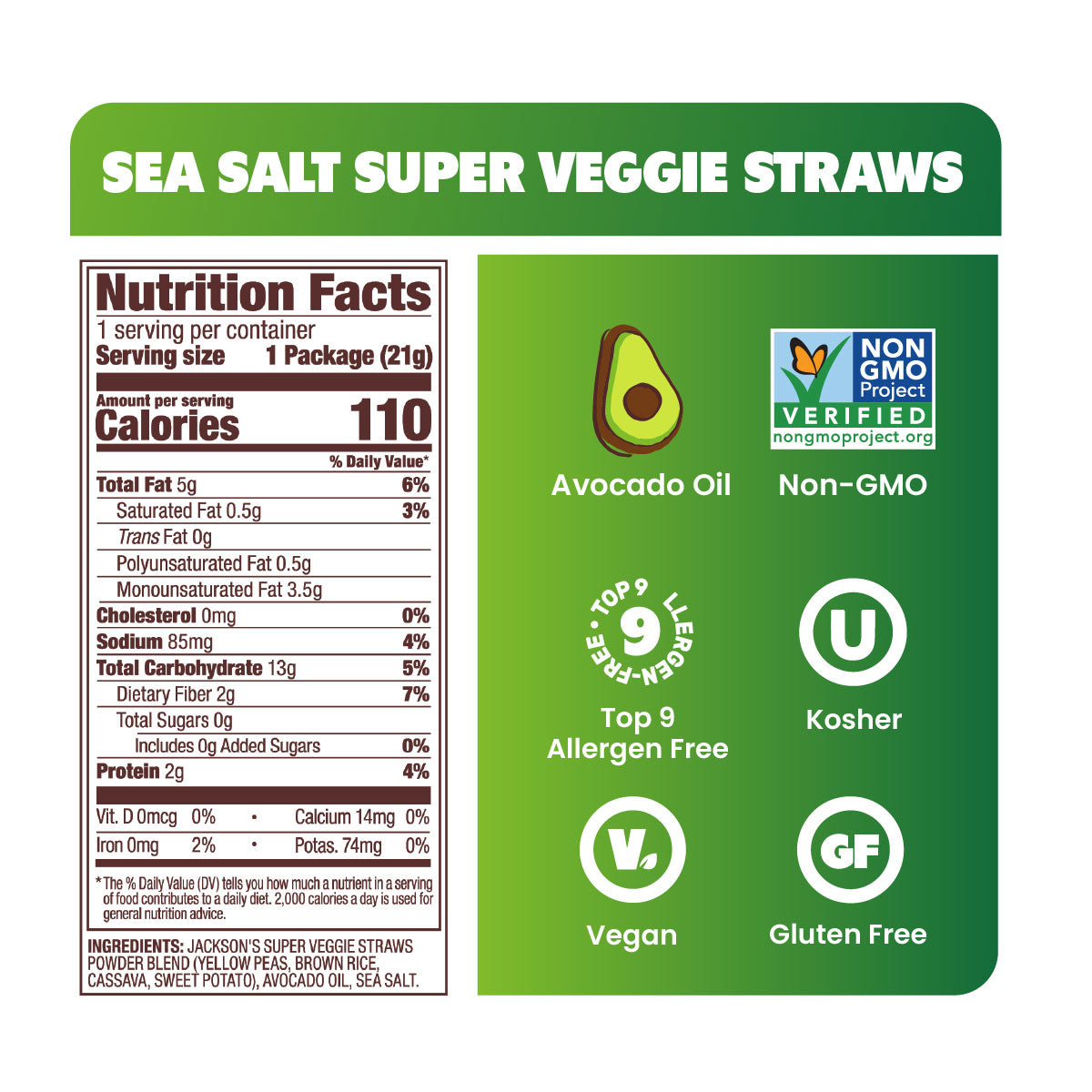SEA SALT, Nutrition Facts, 1 serving per container, Serving size 1 Package (21g), Amount per serving, Calories 110, Total Fat 5g 6%, Saturated Fat 0.5g 3%, Trans Fat 0g, Polyunsaturated Fat 0.5g, Monounsaturated Fat 3.5g, Cholesterol 0mg 0%, Sodium 85mg 4%, Total Carbohydrate 13g 5%, Dietary Fiber 2g 7%, Total Sugars 0g, Includes 0g Added Sugars 0%, Protein 2g 4%, Vit. D 0mcg 0%, Calcium 14mg 0%, Iron 0mg 2%, Potas. 74mg 0%, INGREDIENTS: JACKSON'S SUPER VEGGIE STRAWS POWDER BLEND (YELLOW PEAS, BROWN RICE, C