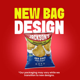 Bag of Jackson's Sea Salt Kettle Chips with the text overlay New Bag Design