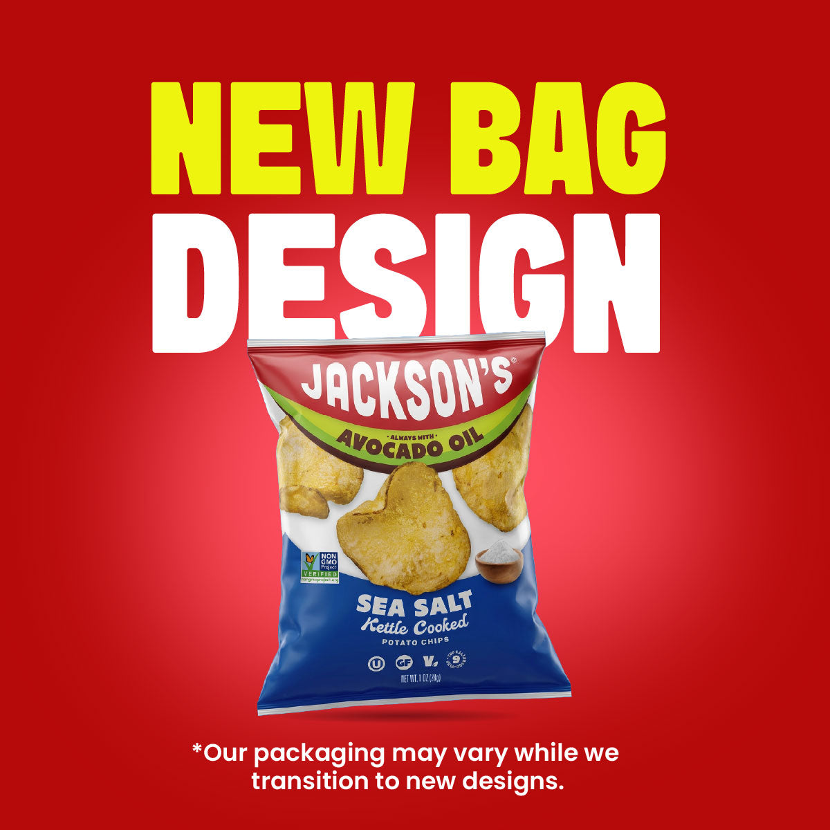 Bag of Jackson's Sea Salt Kettle Chips with the text overlay New Bag Design