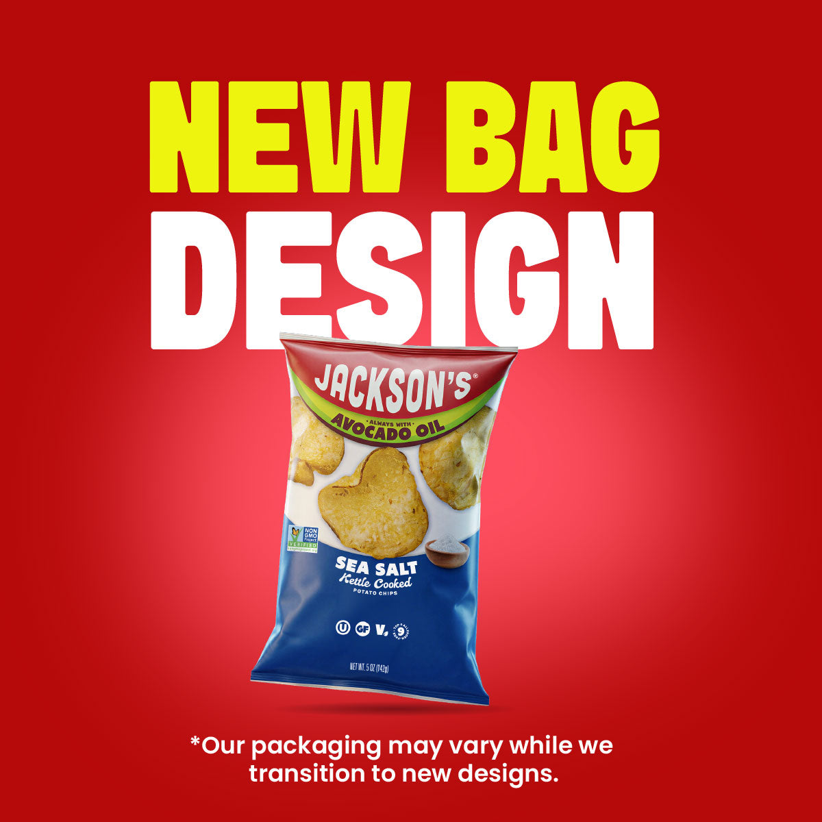 Bag of Jackson's Sea Salt Kettle Chips with the text overlay New Bag Design