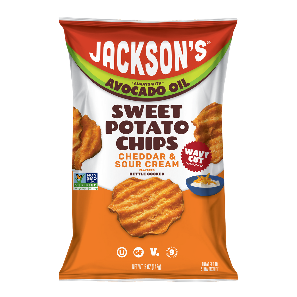 Vegan Wavy Cheddar & Sour Cream Flavored Sweet Potato Chips in Avocado Oil 5oz Bags
