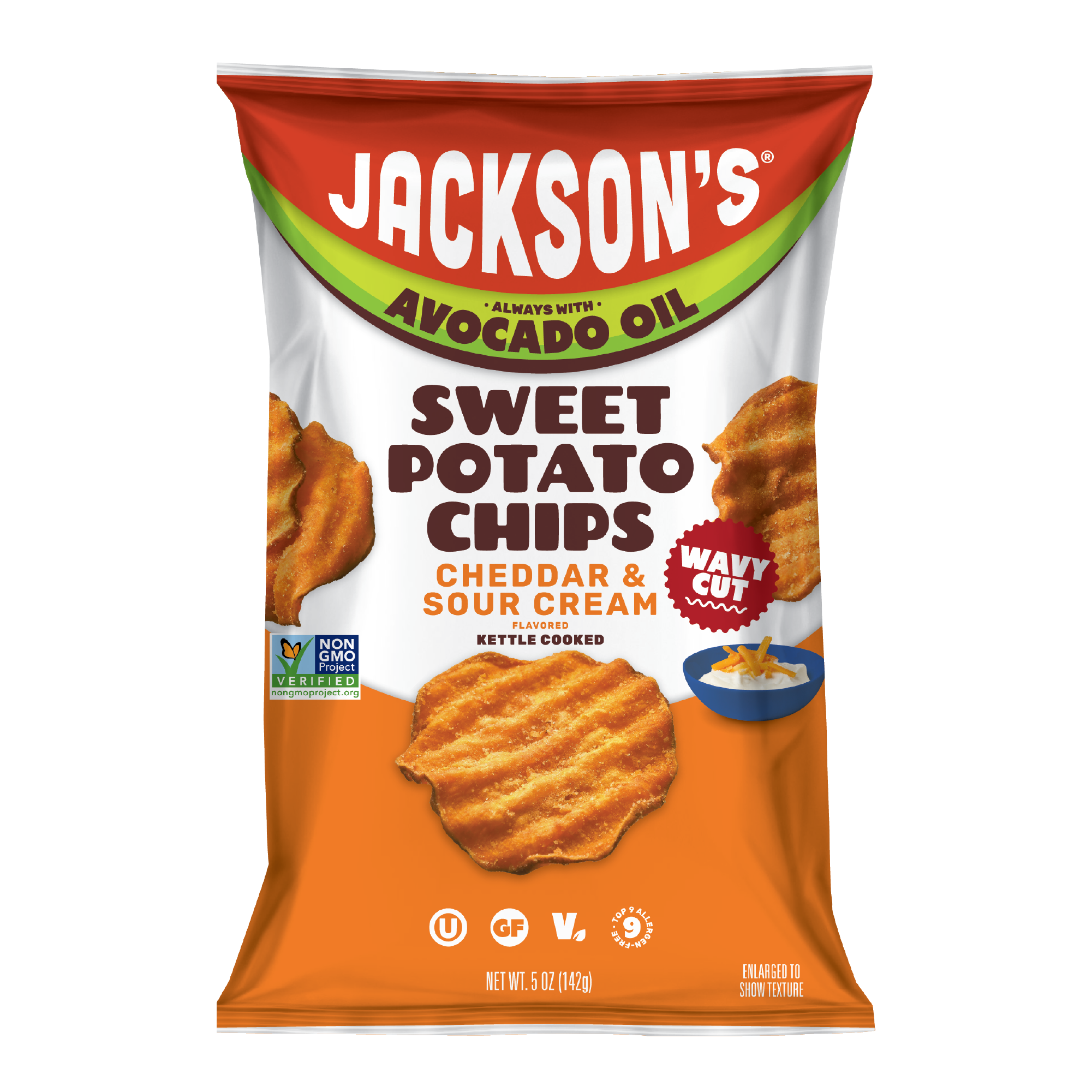 Vegan Wavy Cheddar & Sour Cream Flavored Sweet Potato Chips in Avocado Oil 5oz Bags