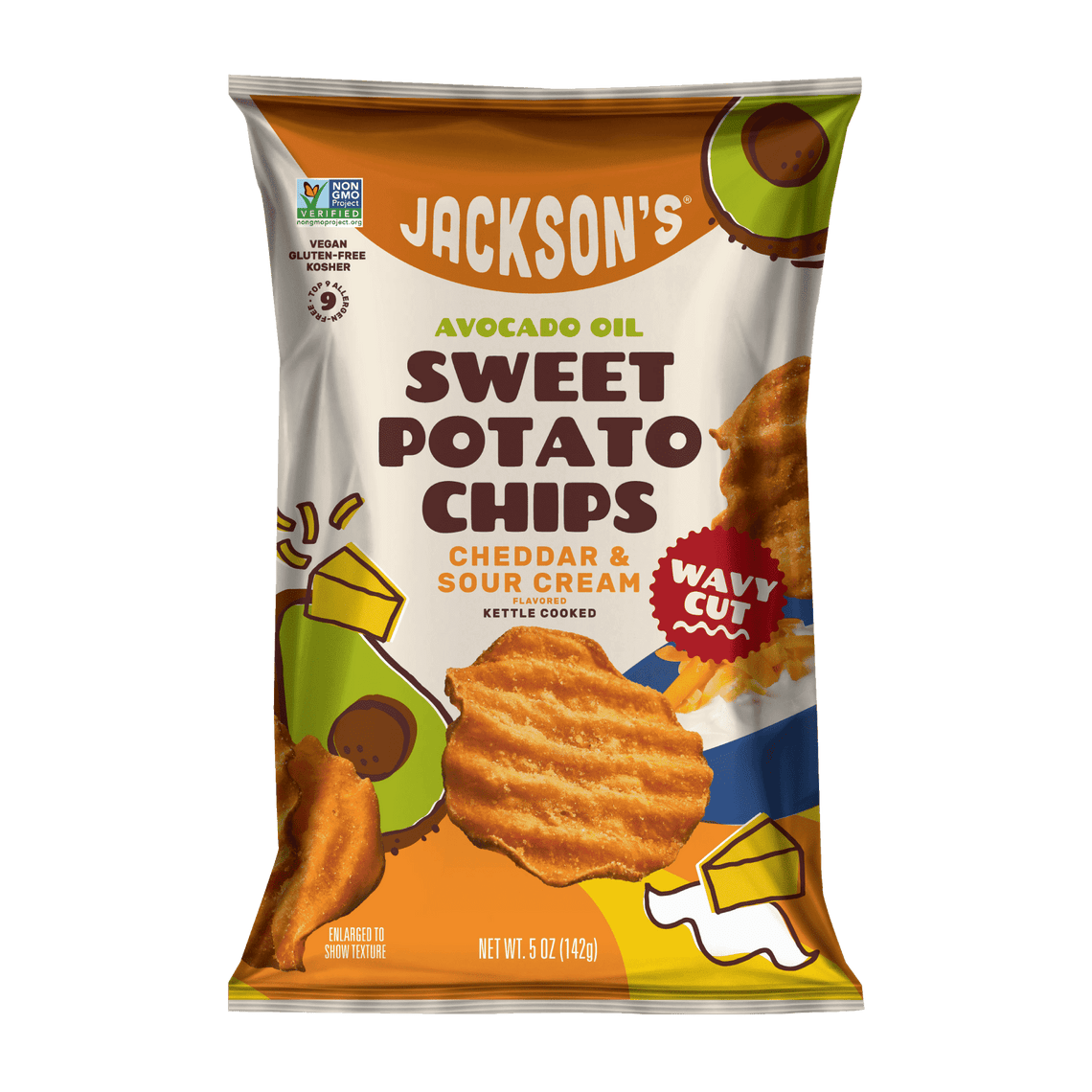 Vegan Wavy Cheddar & Sour Cream Flavored Sweet Potato Chips in Avocado Oil 5oz Bags