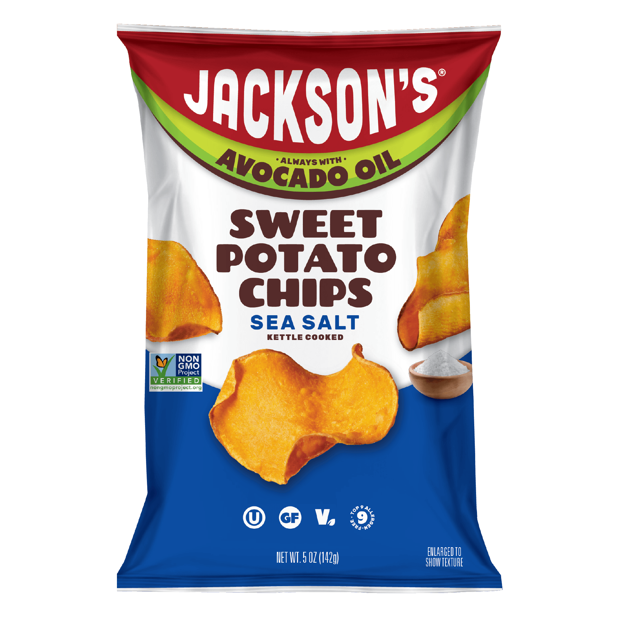 Jackson's Sea Salt Sweet Potato Kettle Chips in Avocado Oil 5oz. Dairy-free & Paleo