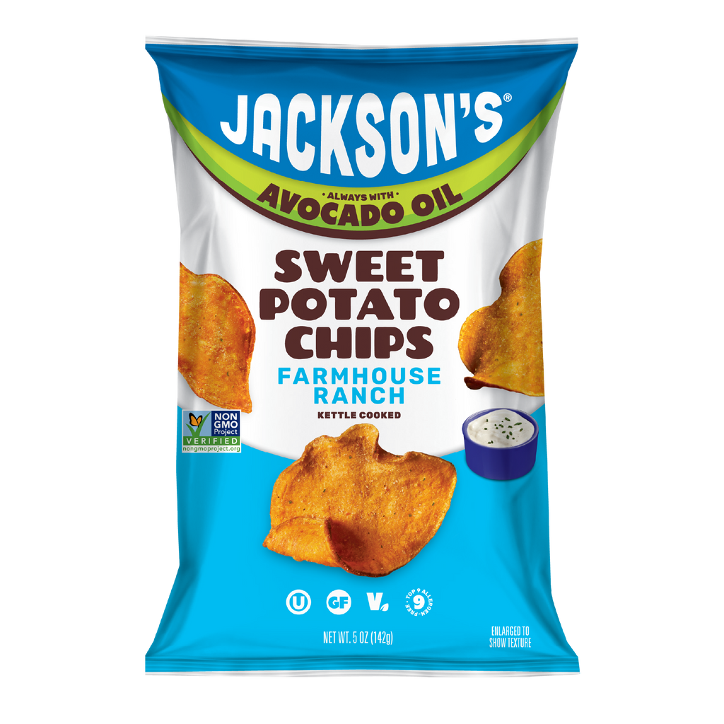 Dairy-Free Farmhouse Ranch Sweet Potato Chips in premium Avocado Oil 5oz Bags. Crispy and savory snack