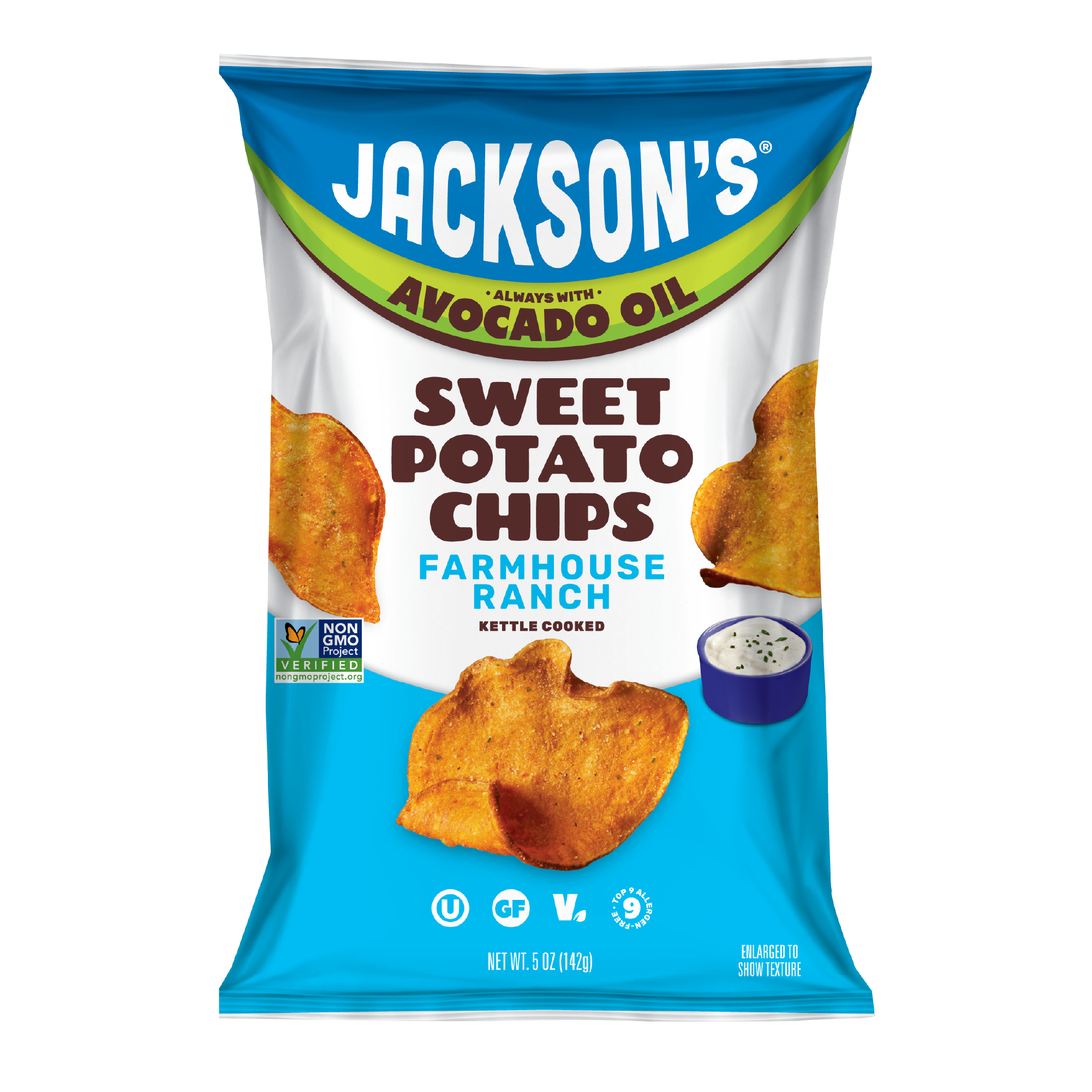 Dairy-Free Farmhouse Ranch Sweet Potato Chips in premium Avocado Oil 5oz Bags. Crispy and savory snack