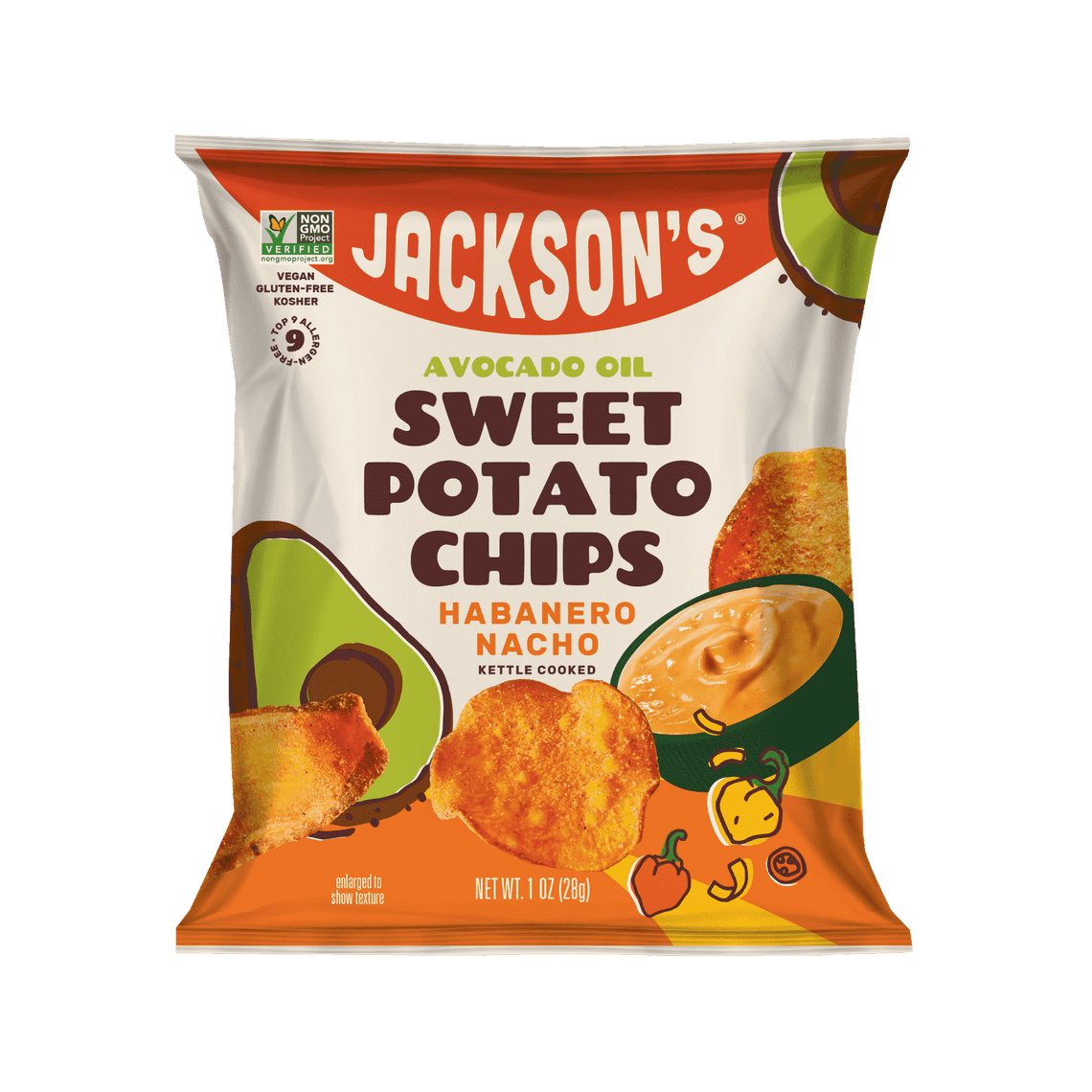 Habanero Nacho Sweet Potato Chips in Avocado Oil 1oz. Vegan and dairy-free snack