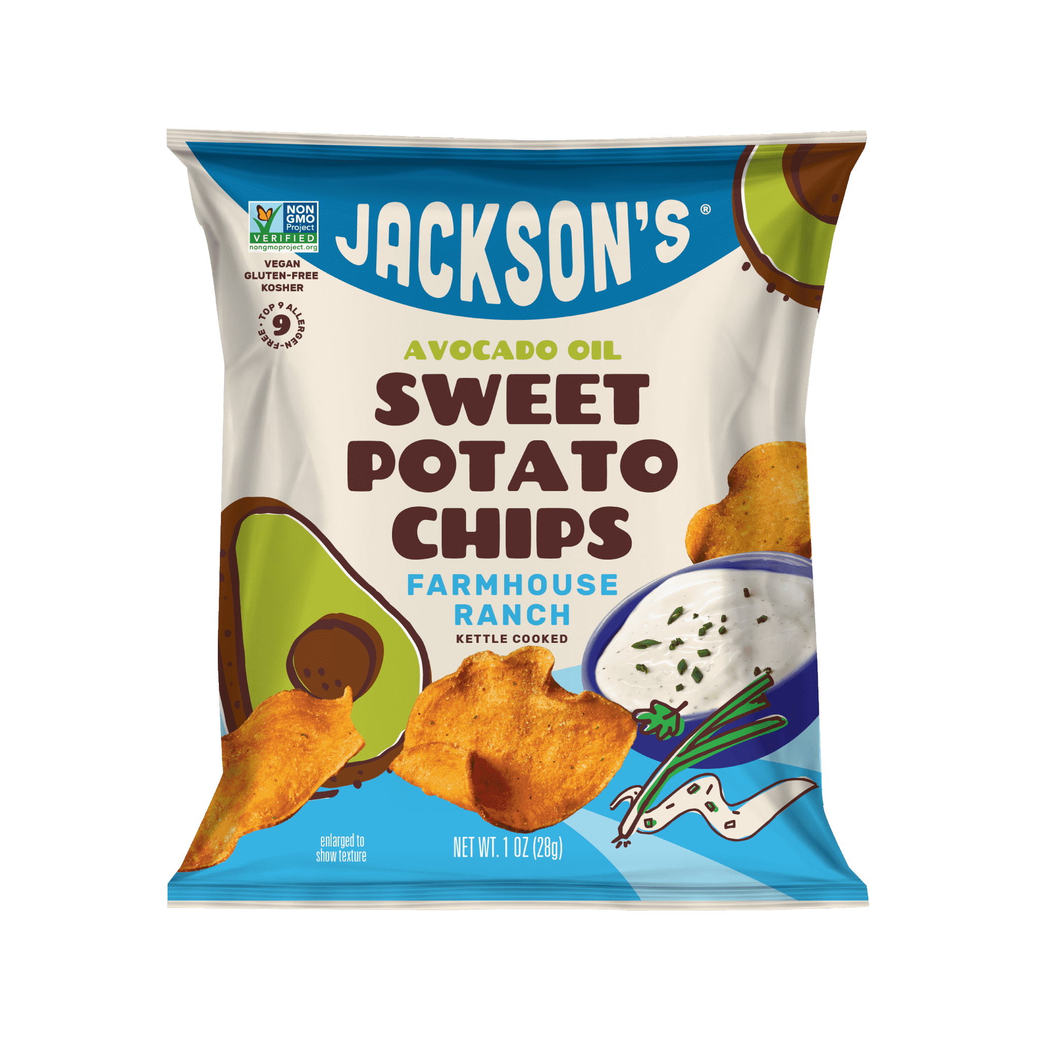 Vegan Farmhouse Ranch Sweet Potato Chips in Avocado Oil 1oz. Grain-free chips
