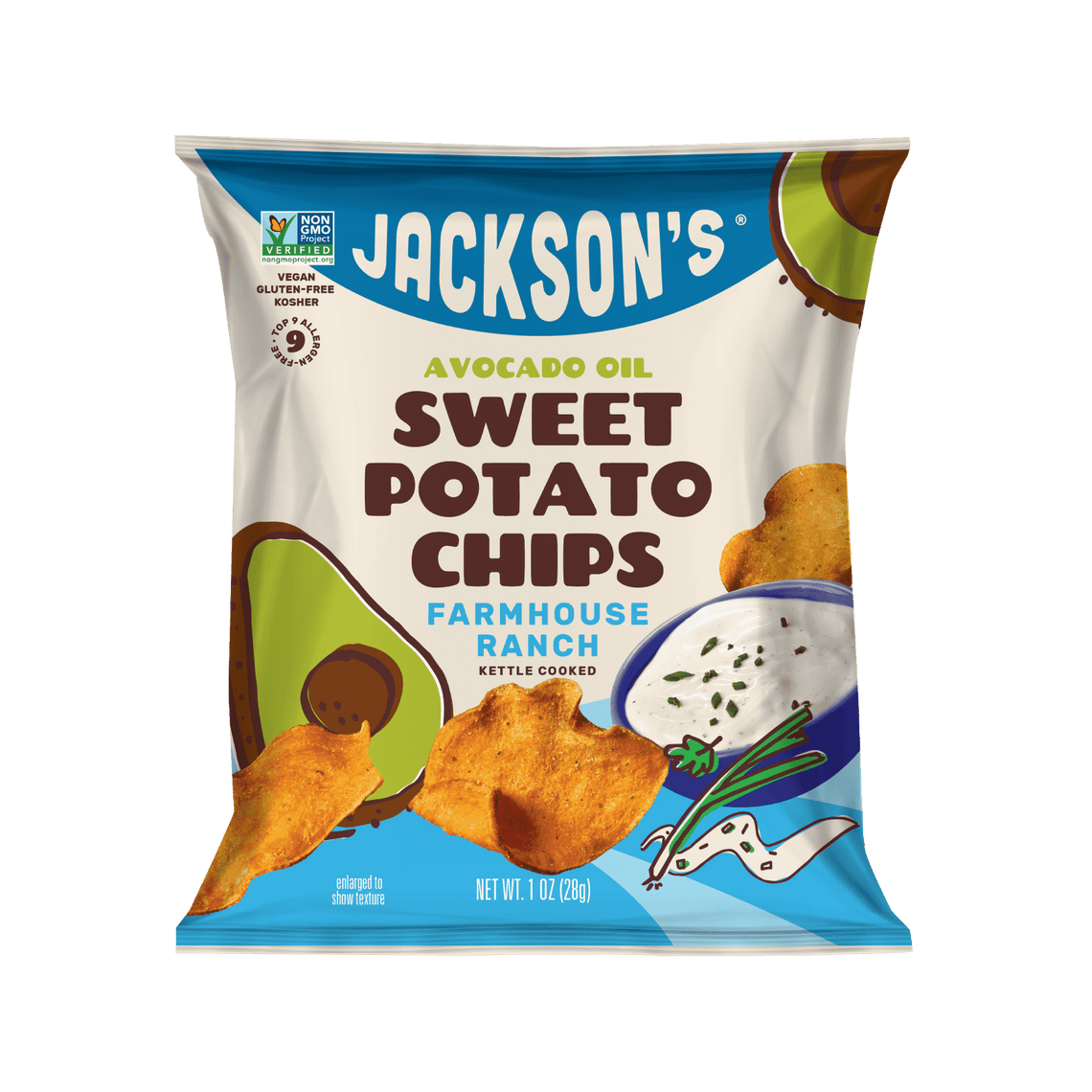 Vegan Farmhouse Ranch Sweet Potato Chips in Avocado Oil 1oz. Grain-free chips