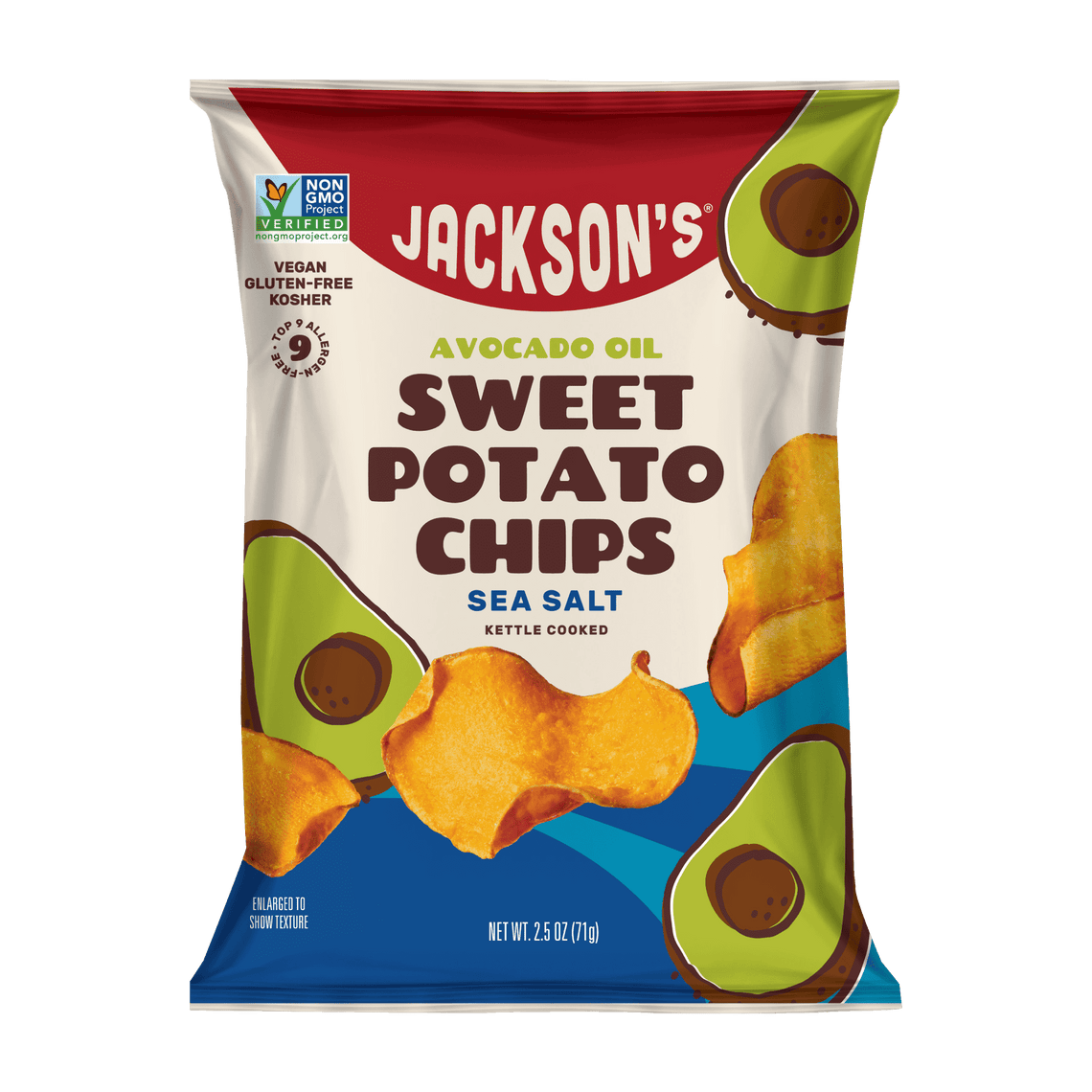 Jackson's kettle-cooked Sea Salt Sweet Potato Chips in premium Avocado Oil 2.5oz. Vegan and keto-friendly snack
