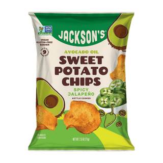 Jackson's kettle-cooked Spicy Jalapeño Sweet Potato Chips in premium Avocado Oil 2.5oz. No seed oils & gluten-free snack