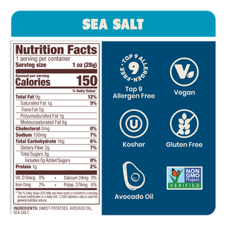 Nutrition Label Sea Salt Sweet Potato Chips in premium Avocado Oil 1oz - 30 Bags. Clean, gluten-free and paleo snack