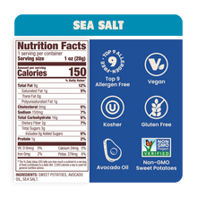 Load image into Gallery viewer, Nutrition Label Sea Salt Sweet Potato Chips in premium Avocado Oil 1oz - 30 Bags. Clean, gluten-free and paleo snack
