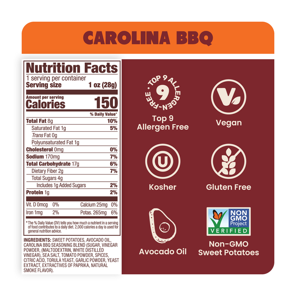 Nutrition Label Carolina BBQ Sweet Potato Chips in Avocado Oil 1oz - 30 Bags. Whole30 snack