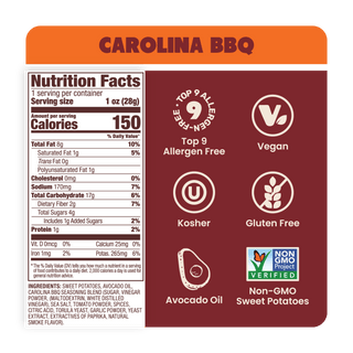 Nutrition Label Carolina BBQ Sweet Potato Chips in Avocado Oil 1oz - 30 Bags. Whole30 snack