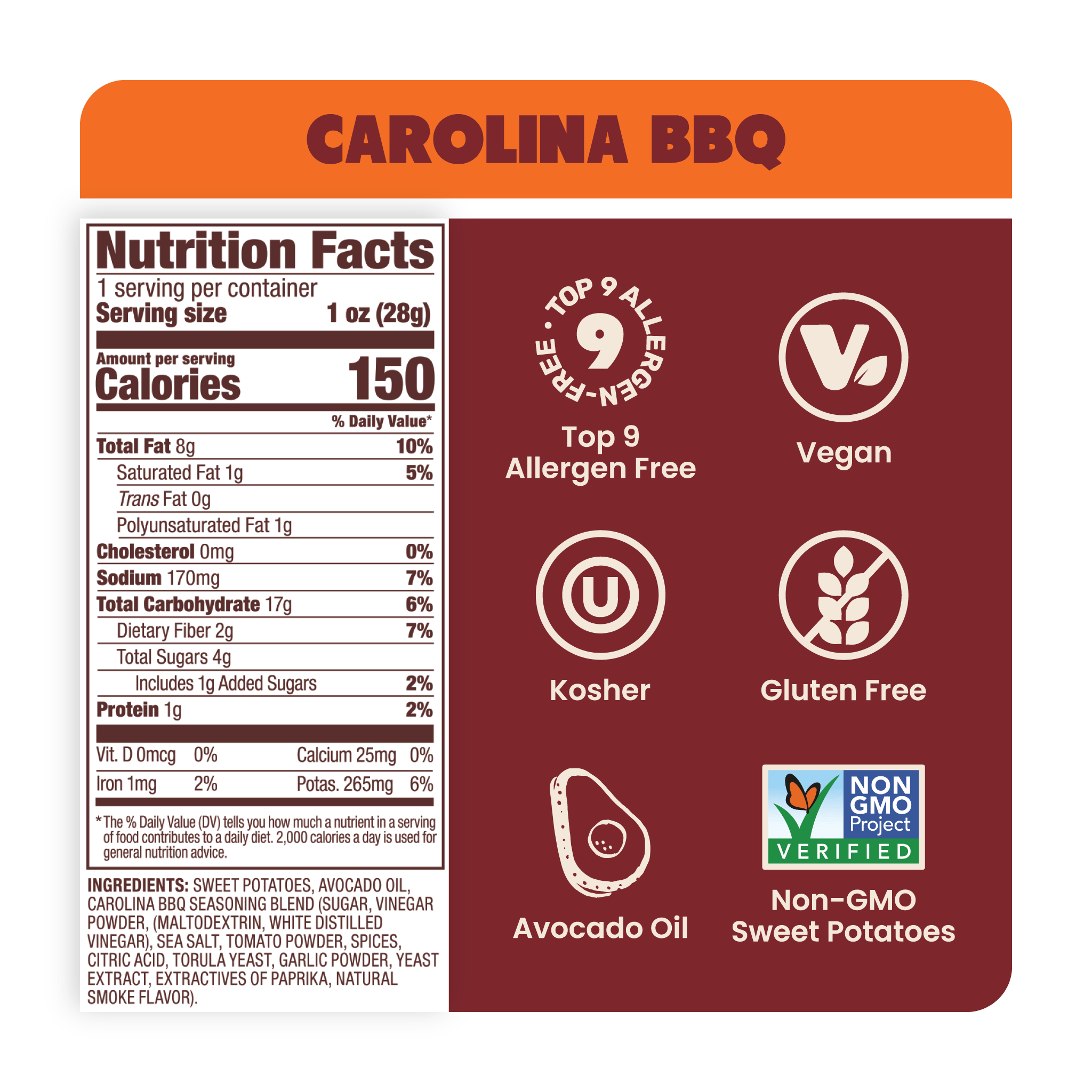 Nutrition Label Carolina BBQ Sweet Potato Chips in Avocado Oil 1oz - 30 Bags. Whole30 snack