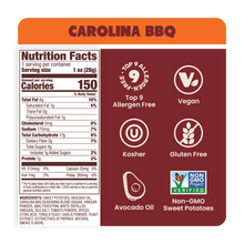 Load image into Gallery viewer, Jackson&#39;s Carolina BBQ Sweet Potato Chips Cooked In Avocado Oil Nutrition Label, Top 9 Allergen Free, Vegan, Kosher, Gluten Free, Non-GMO Sweet Potatoes 
