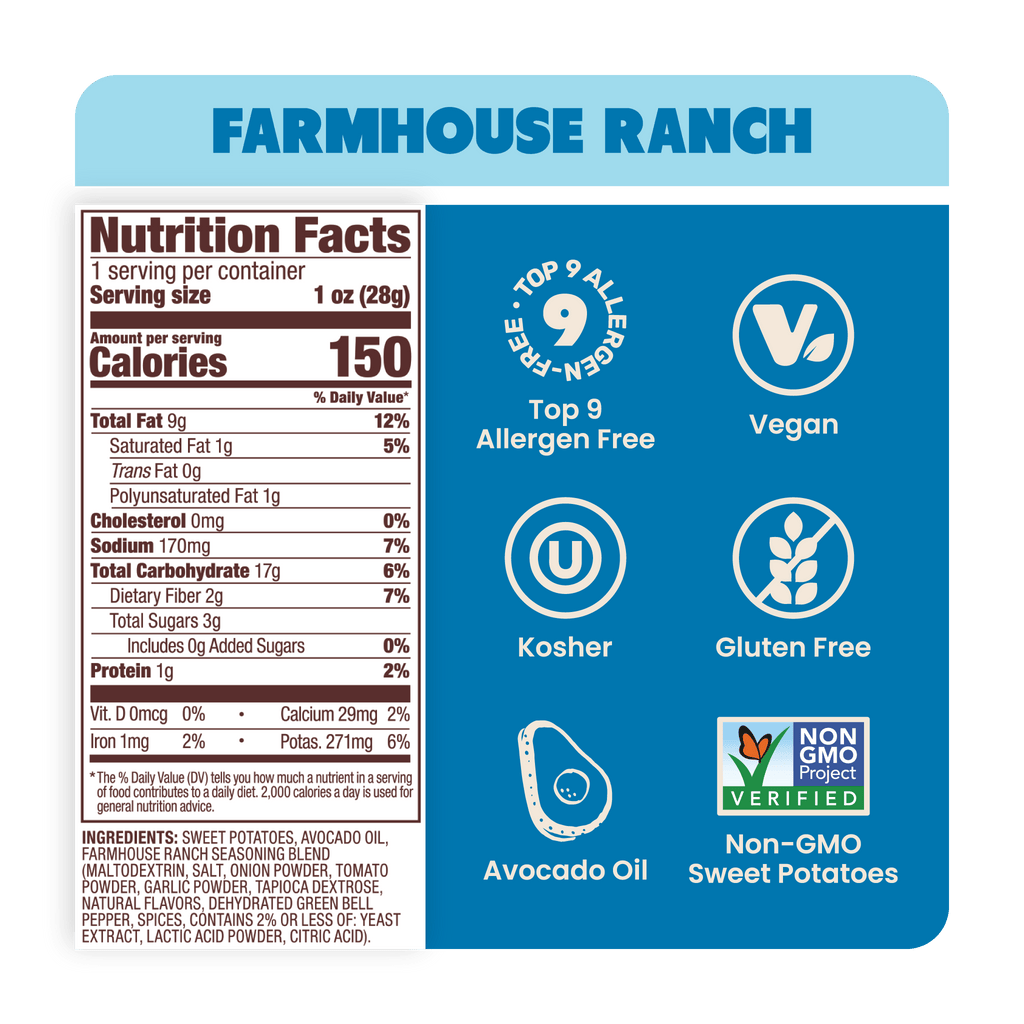 Nutrition Label Farmhouse Ranch Sweet Potato Chips in premium Avocado Oil 1oz - 30 Bags. Gluten-free and keto snack