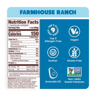 Nutrition Label Farmhouse Ranch Sweet Potato Chips in premium Avocado Oil 1oz - 30 Bags. Gluten-free and keto snack