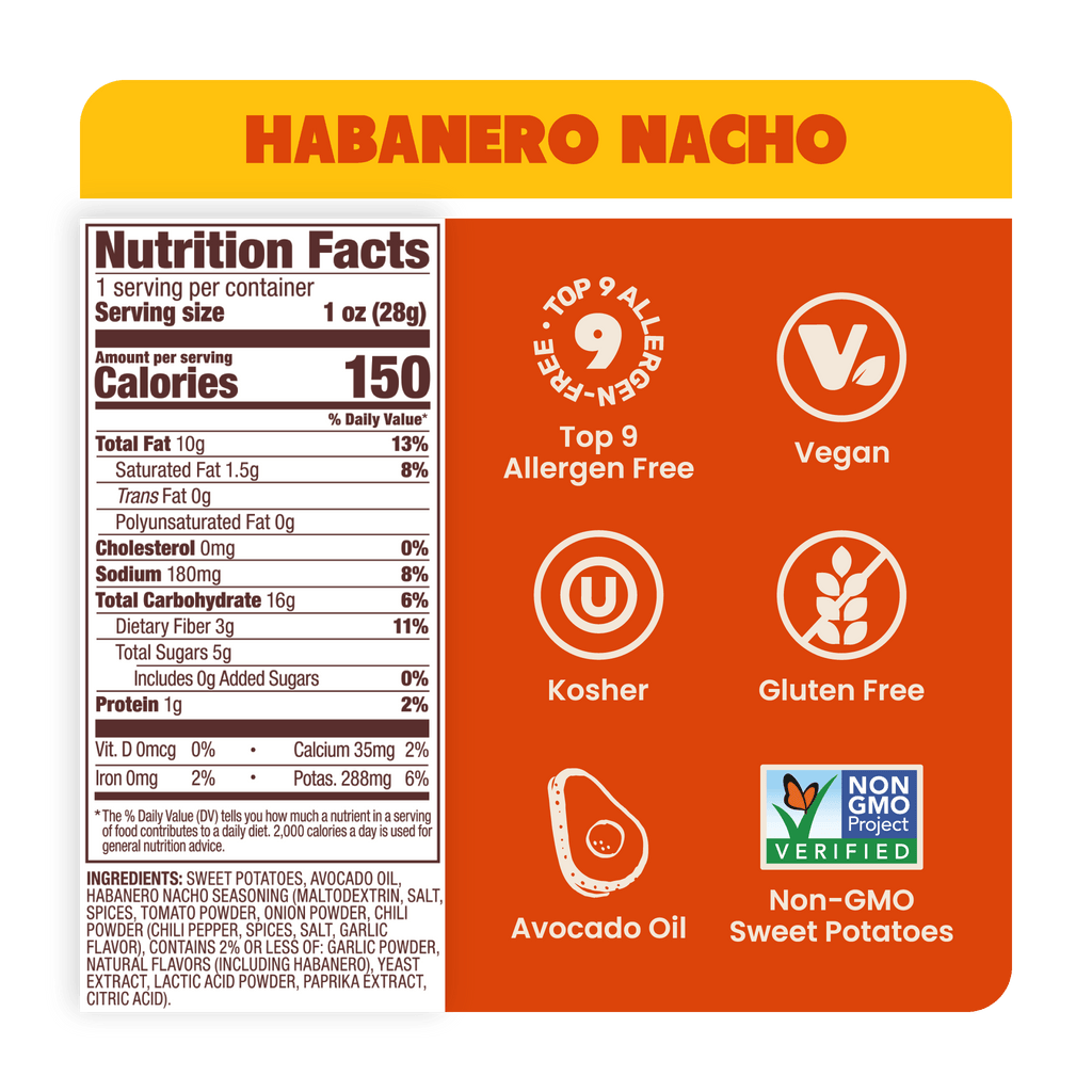 Nutrition Label Habanero crunchy Nacho Sweet Potato Chips in Avocado Oil 1oz - 30 Bags. Whole30-approved and paleo snack