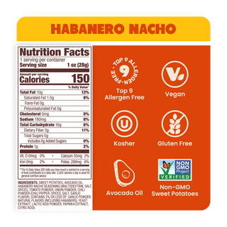 Nutrition Label Habanero crunchy Nacho Sweet Potato Chips in Avocado Oil 1oz - 30 Bags. Whole30-approved and paleo snack