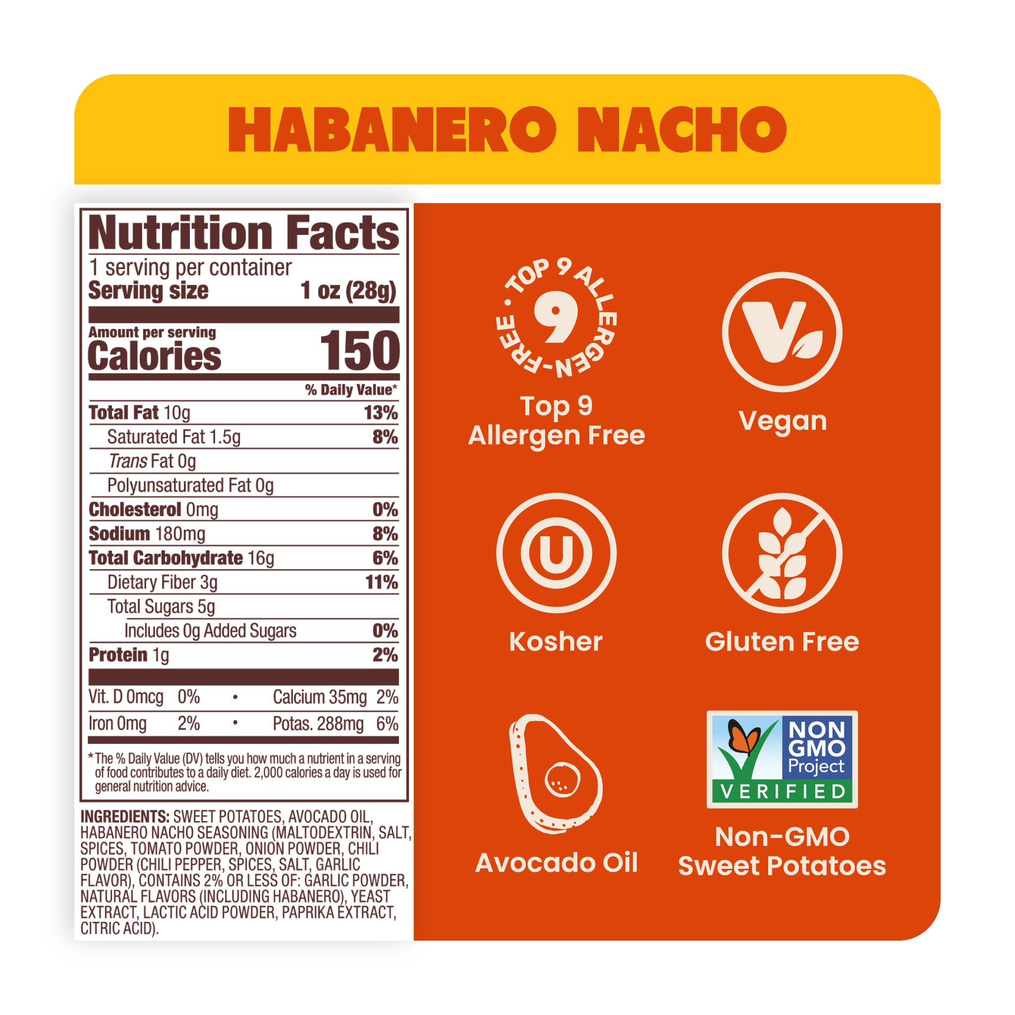 Nutrition Label Habanero crunchy Nacho Sweet Potato Chips in Avocado Oil 1oz - 30 Bags. Whole30-approved and paleo snack