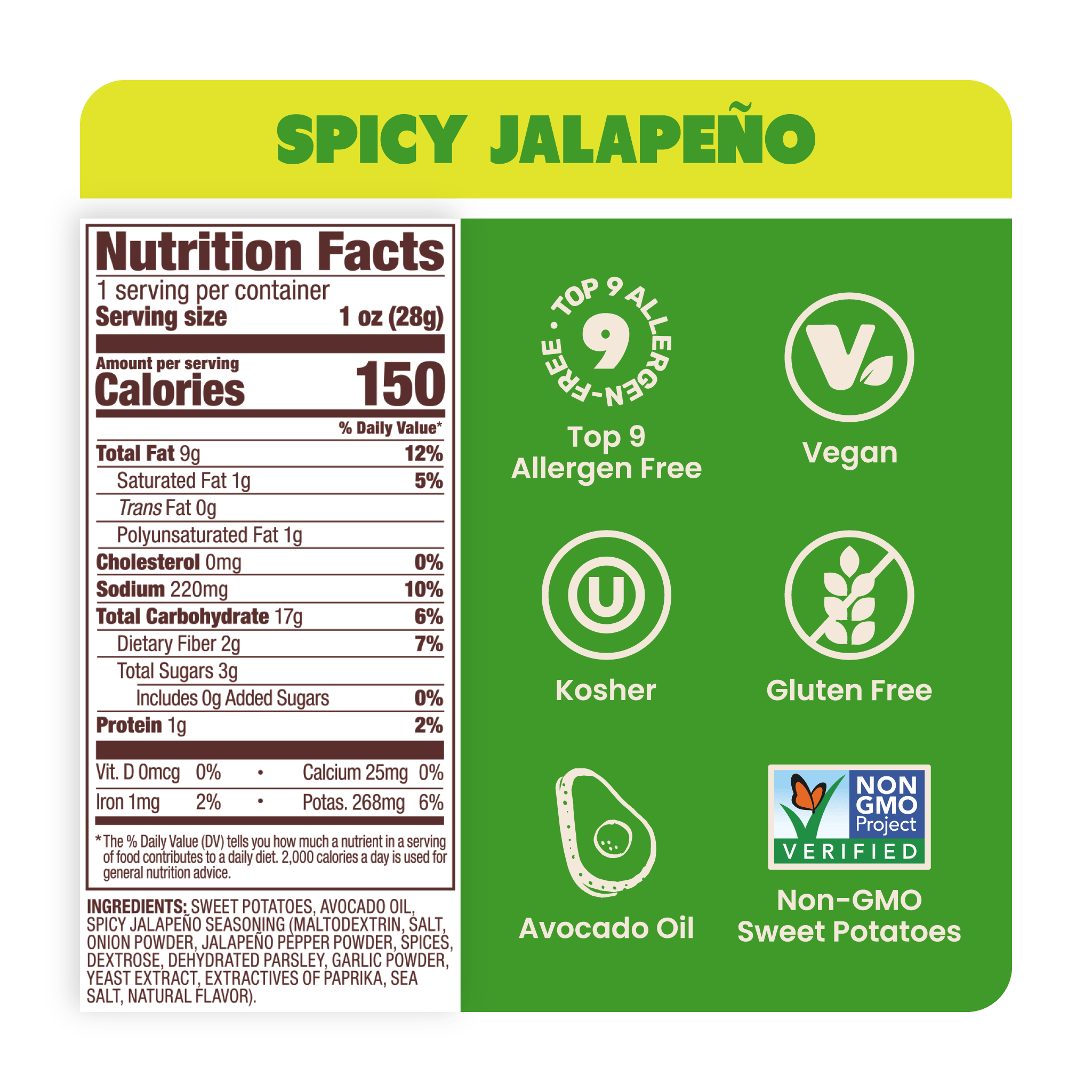 Nutrition Label Spicy Jalapeño Sweet Potato Chips in Avocado Oil 1oz - 30 Bags. Whole30 & dairy-free snack