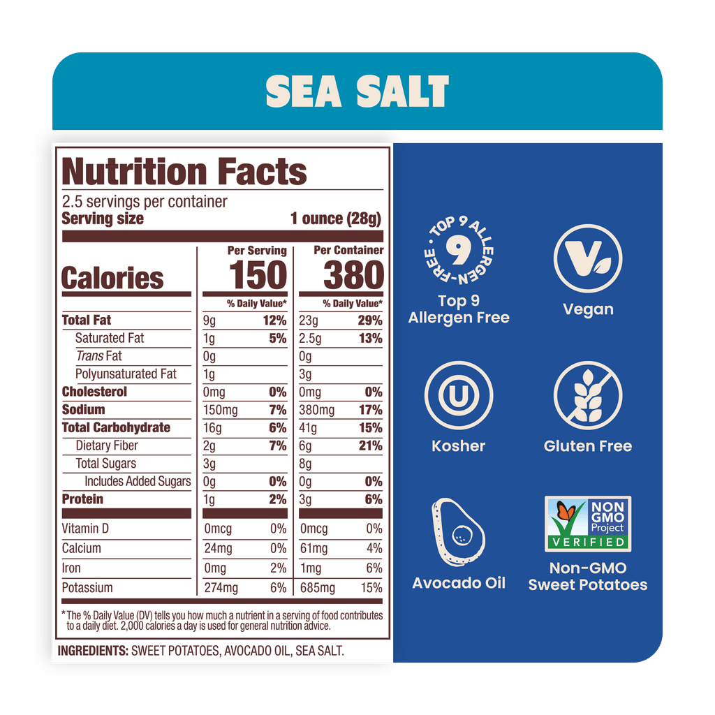 Nutrition Label of Sea Salt Sweet Potato Chips in Avocado Oil 2.5oz - 14 Bags. AIP and gluten-free snack